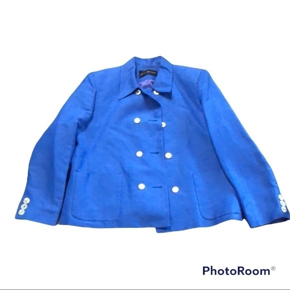 Giorgio Sant’Angelo Womens Blue Linen Blend Vintage Dble Breasted Blazer Sz 8 - Picture 2 of 15